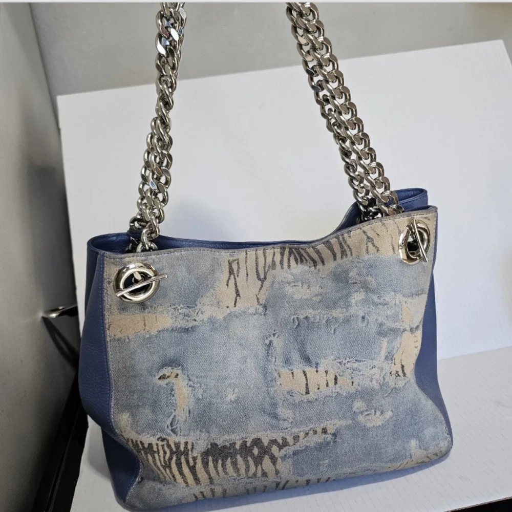 Valentino By Mario Valentino Luisa Blue Denim Zebra Large Leather Handbag Purse - Picture 8 of 16